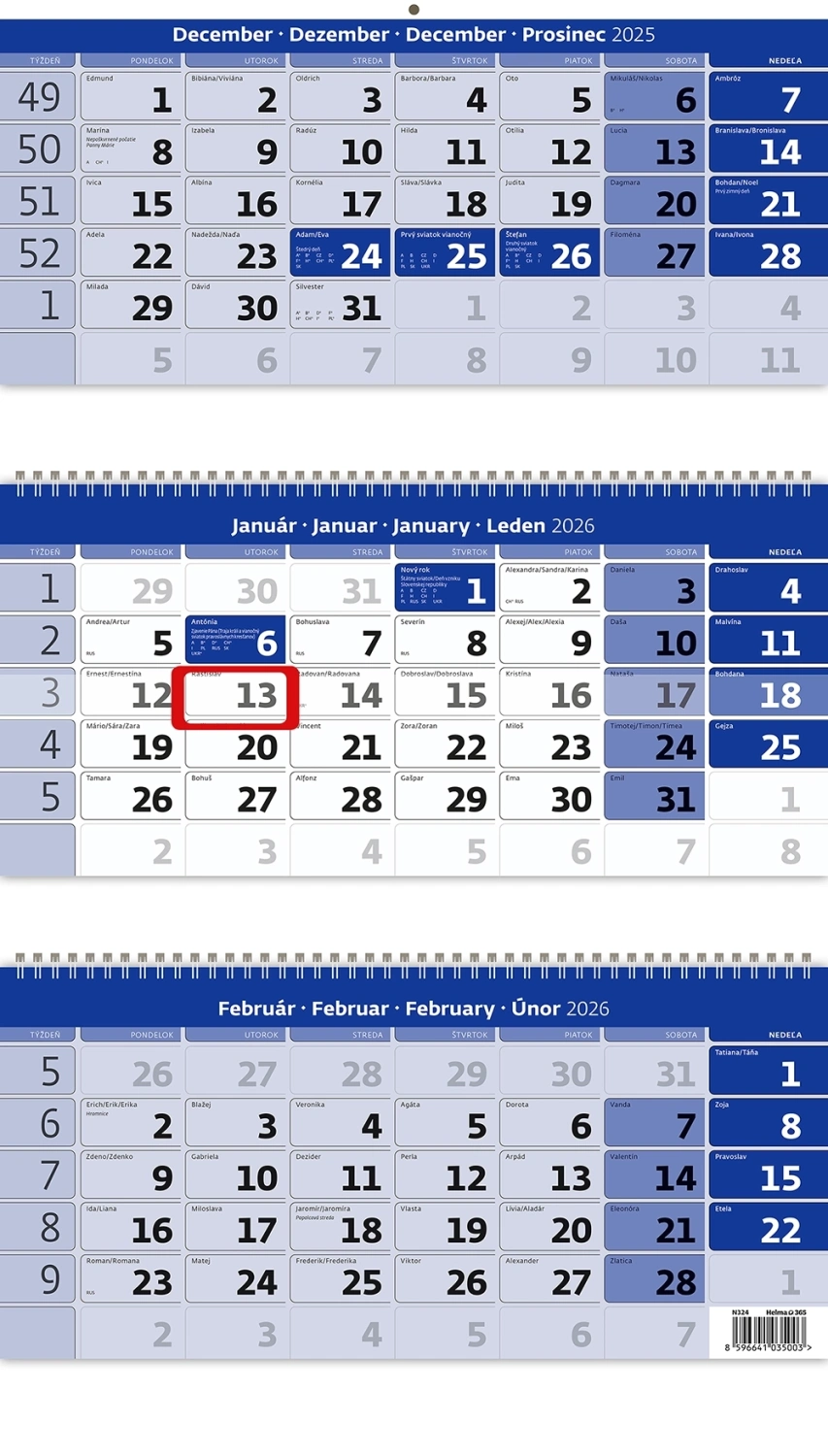 Trojmesačný kalendár modrý so špirálou